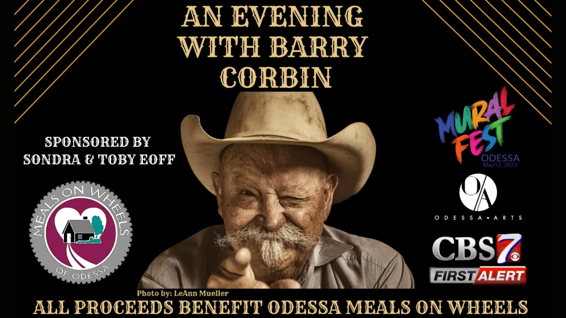 Event poster for An Evening with Barry Corbin benefitting Odessa Meals on Wheels include a photo of Barry wearing a cowboy hat, winking, and pointing at you.
